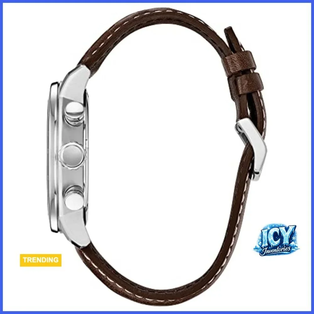 Stainless Steel Eco-Drive Chronograph Watch with Leather Strap